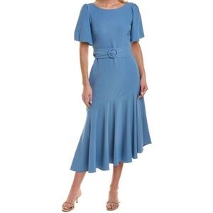 Like New! Taylor Blue Crepe Asymmetrical Hem Midi Dress Short Puff Sleeve Belt